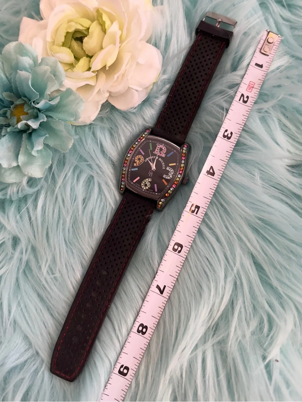 Dooney & Bourke Black Strap Watch with Multicolor Crystal Accents